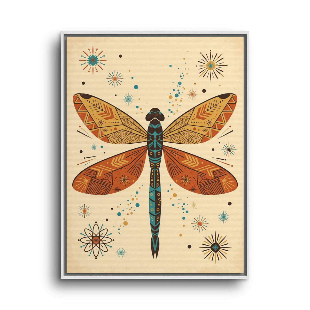 Mid Century Modern Dragonfly Framed Canvas Wall Art, Retro Dragonfly Print, 1950s Nature Decor