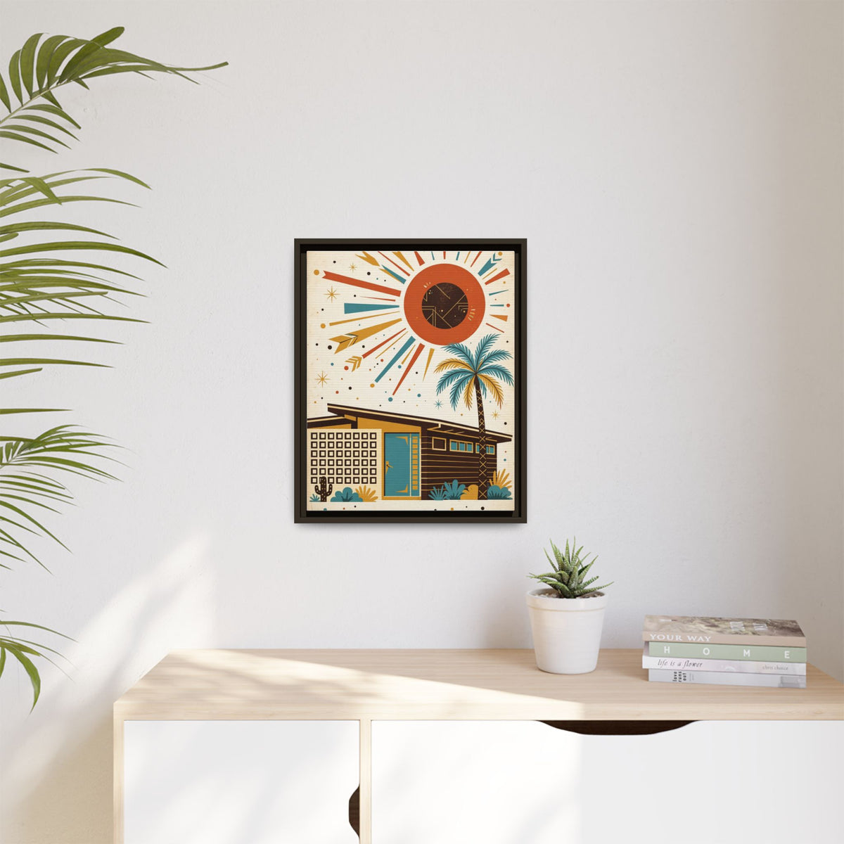Mid Century Modern Palm Springs Framed Canvas Wall Art, Retro House Print, Teal Door Desert Decor