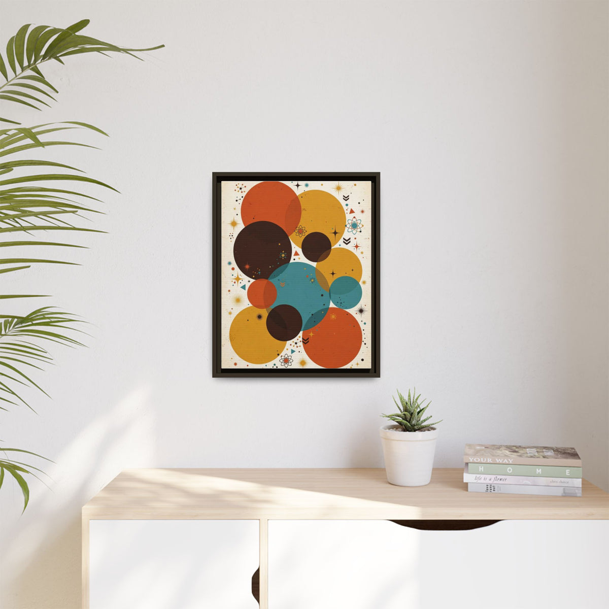 Mid Century Modern Circles Framed Canvas Wall Art, Abstract Geometric Print, Retro Burnt Orange Teal Decor