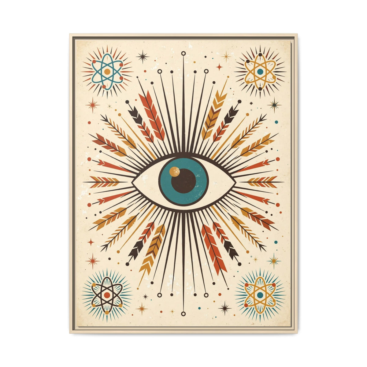 Mid Century Modern Eyeball Framed Canvas Wall Art, Atomic Eye Print, Retro 1950s Starburst Decor