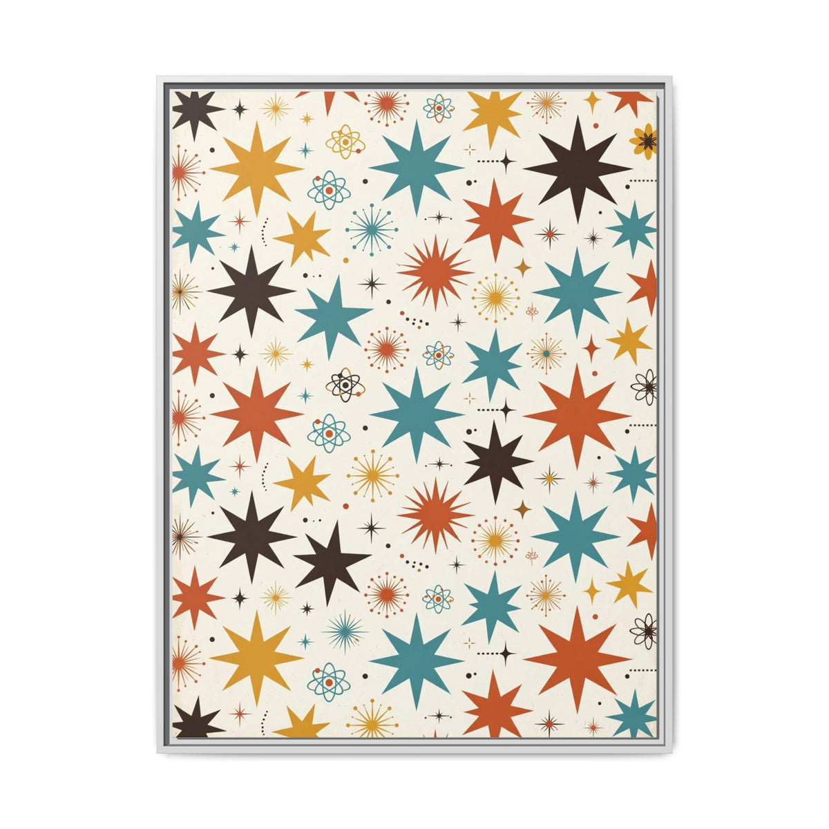 Mid Century Modern Starburst Framed Canvas Wall Art, Retro Star Pattern Print, 1950s Atomic Decor