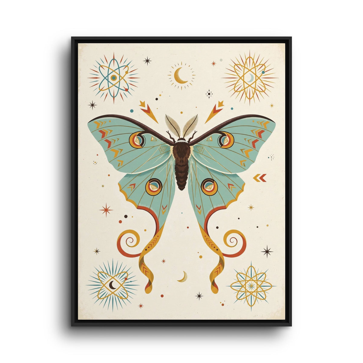 Mid Century Modern Luna Moth Framed Canvas Wall Art, Retro Moth Print, 1950s Night Nature Decor