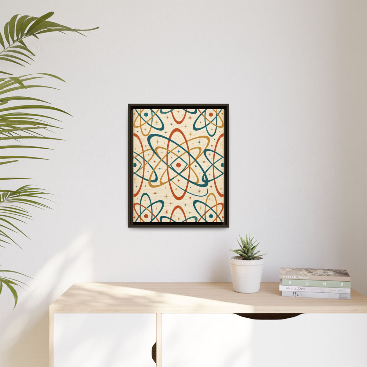 Mid Century Modern Atomic Orbit Framed Canvas Wall Art, Retro Atom Pattern Print, 1950s Teal Orange Decor
