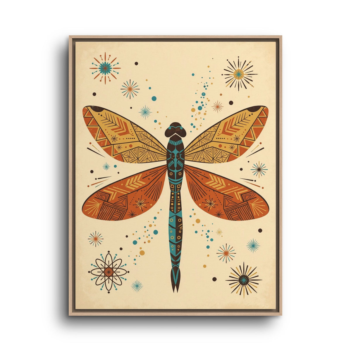 Mid Century Modern Dragonfly Framed Canvas Wall Art, Retro Dragonfly Print, 1950s Nature Decor