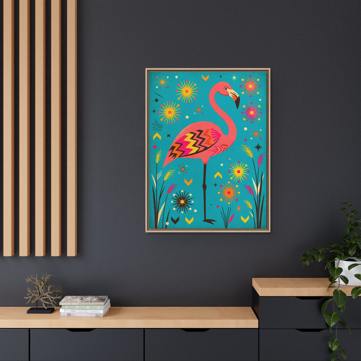 Mid Century Modern Flamingo Framed Canvas Wall Art, Retro Flamingo Print, 1950s Tropical Decor