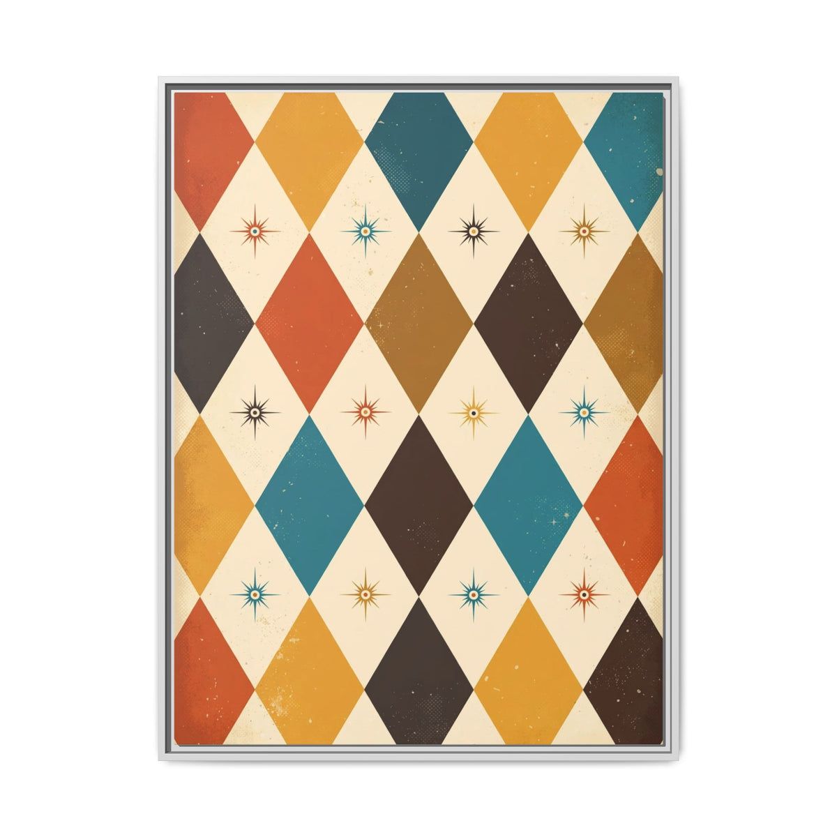 Mid Century Modern Harlequin Framed Canvas Wall Art, Diamond Pattern Print, Retro 1950s Starburst Decor