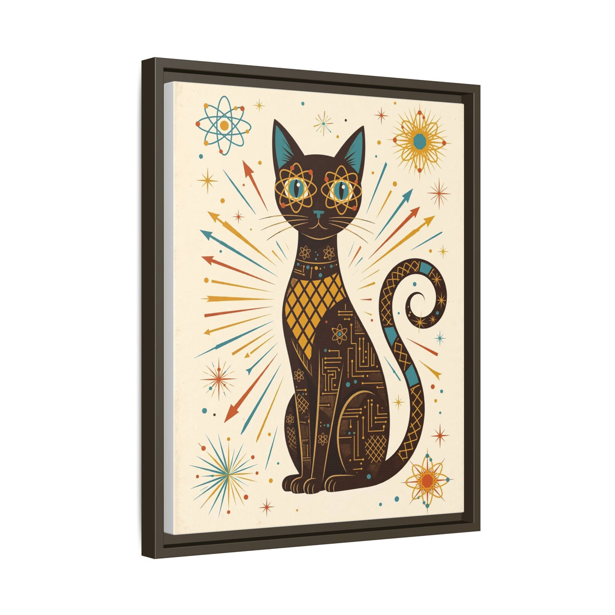 Mid Century Modern Cat Framed Canvas Wall Art, Atomic Cat Print, Retro 1950s Teal Orange Decor
