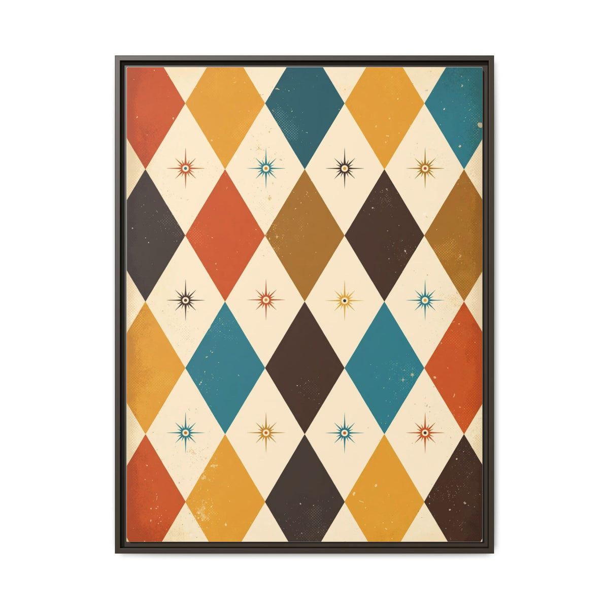 Mid Century Modern Harlequin Framed Canvas Wall Art, Diamond Pattern Print, Retro 1950s Starburst Decor