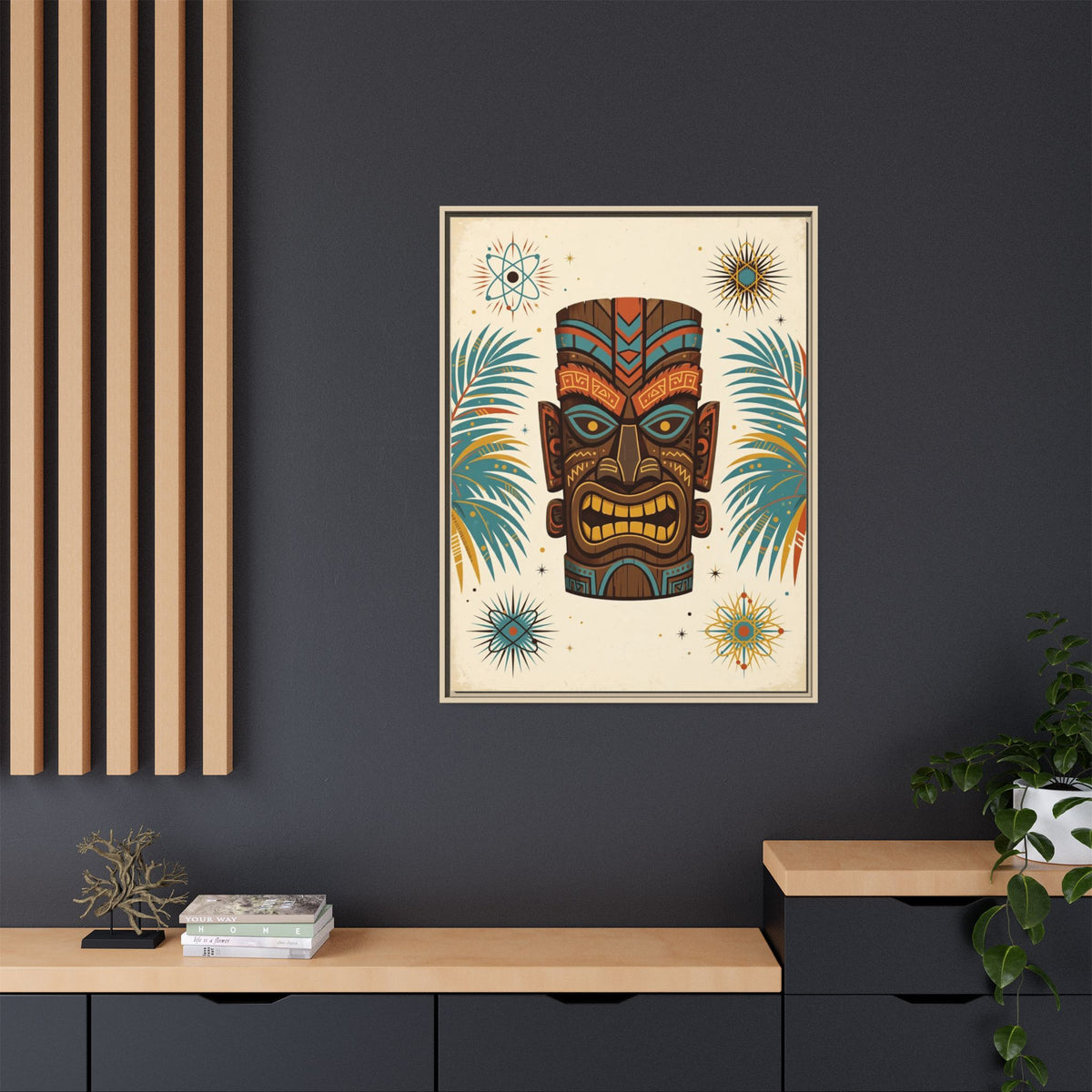 Mid Century Modern Tiki Framed Canvas Wall Art, Retro Tiki Bar Print, Palm Tropical 1950s Decor