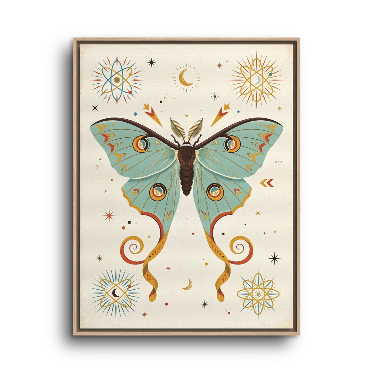 Mid Century Modern Luna Moth Framed Canvas Wall Art, Retro Moth Print, 1950s Night Nature Decor