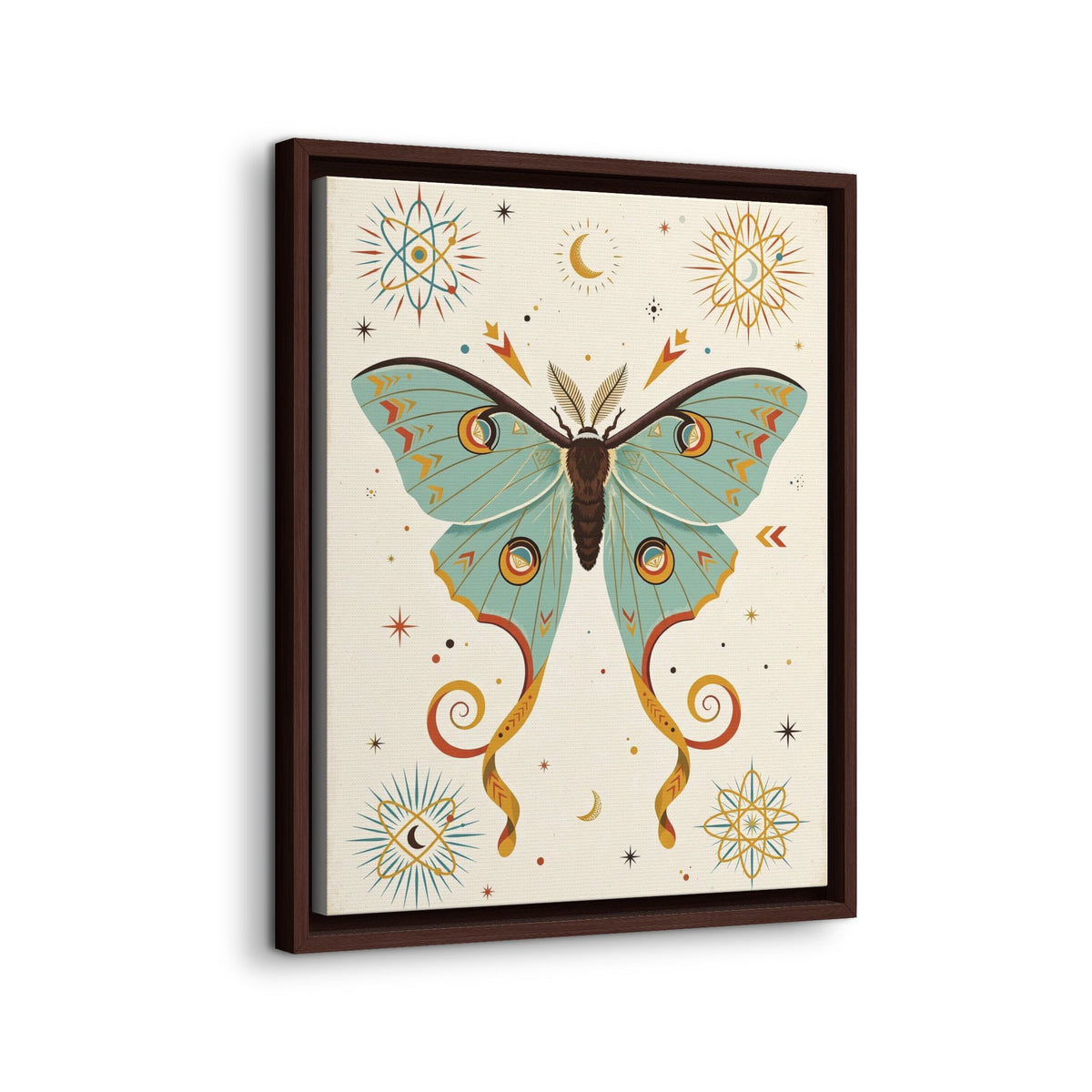 Mid Century Modern Luna Moth Framed Canvas Wall Art, Retro Moth Print, 1950s Night Nature Decor