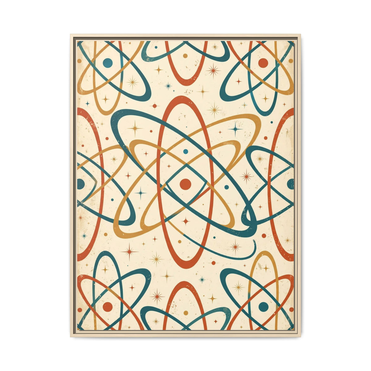 Mid Century Modern Atomic Orbit Framed Canvas Wall Art, Retro Atom Pattern Print, 1950s Teal Orange Decor