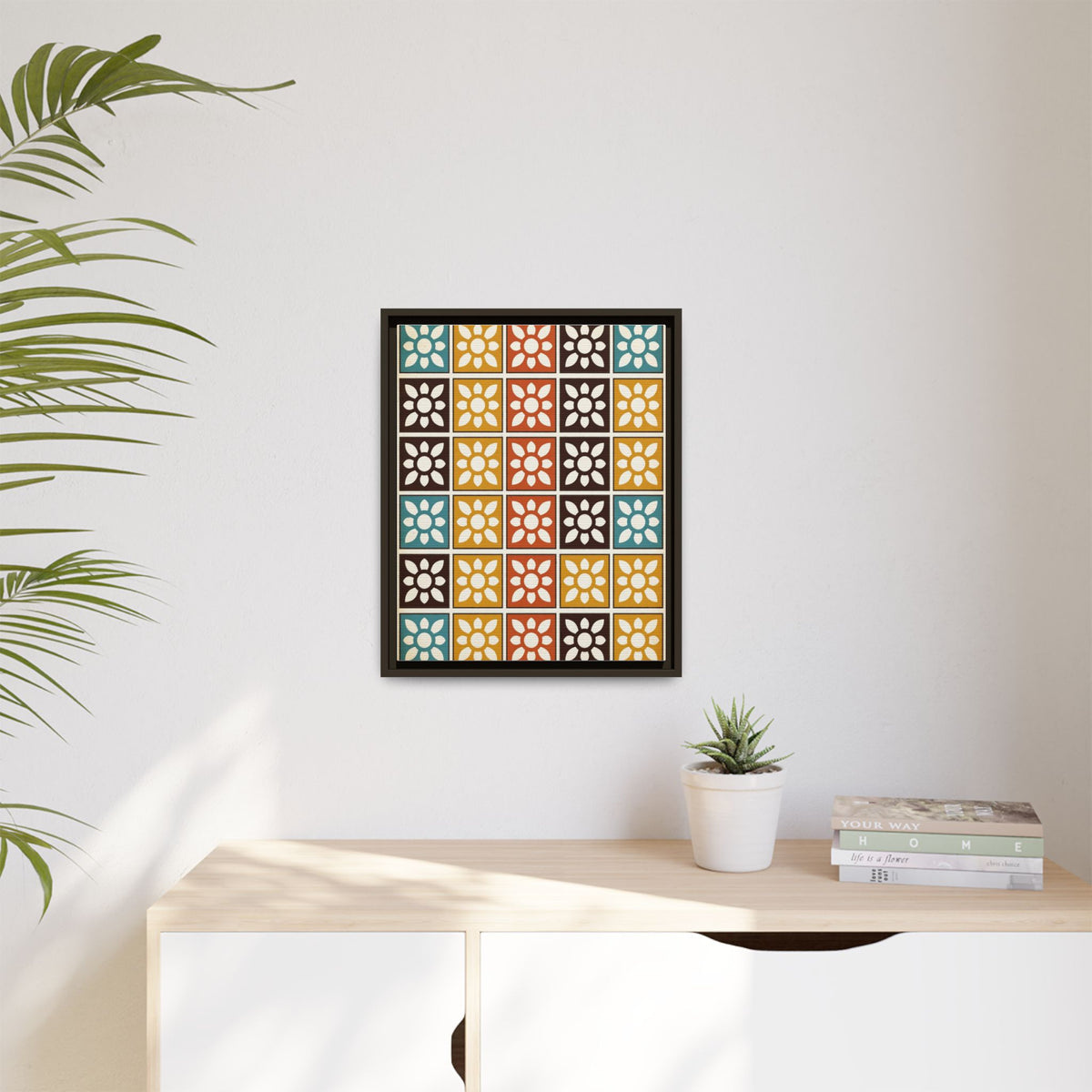 Mid Century Modern Breeze Block Framed Canvas Wall Art, Retro Screen Block Pattern Print, Palm Springs Decor