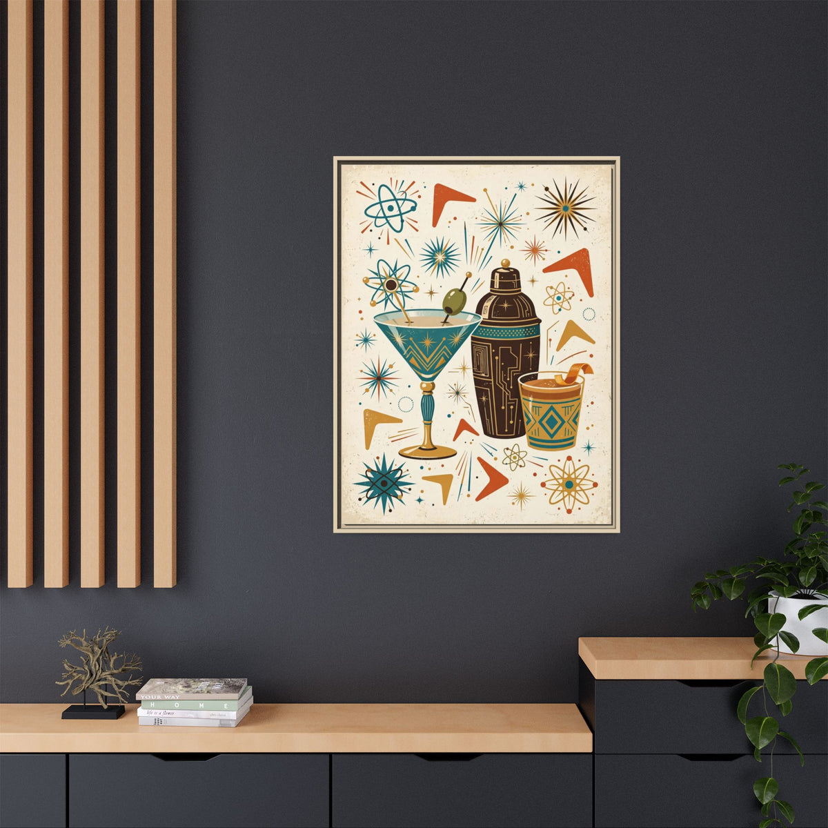 Mid Century Modern Cocktail Framed Canvas Wall Art, Retro Martini Print, 1950s Home Bar Decor