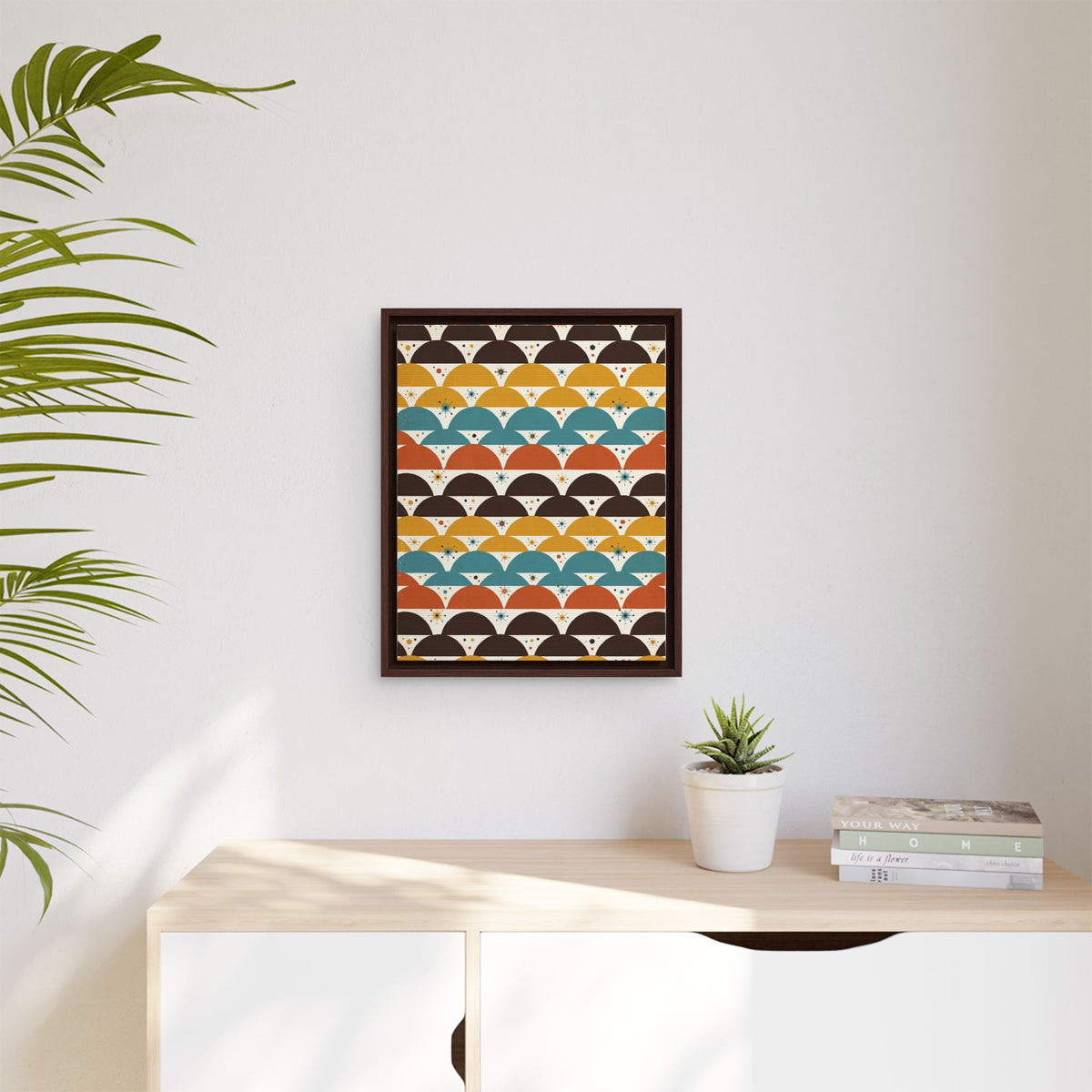 Mid Century Modern Scallop Framed Canvas Wall Art, Retro Wave Pattern Print, 1950s Geometric Decor