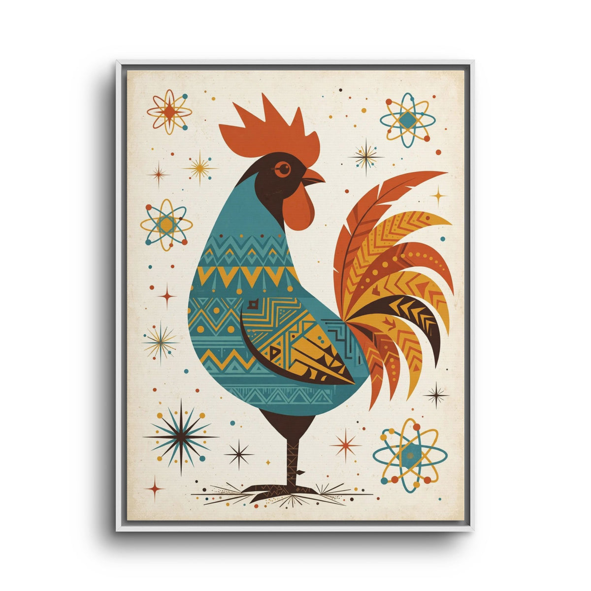 Mid Century Modern Rooster Framed Canvas Wall Art, Retro Rooster Print, 1950s Kitchen Farmhouse Decor