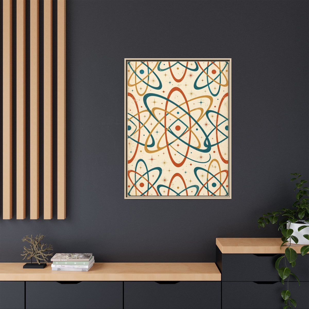 Mid Century Modern Atomic Orbit Framed Canvas Wall Art, Retro Atom Pattern Print, 1950s Teal Orange Decor