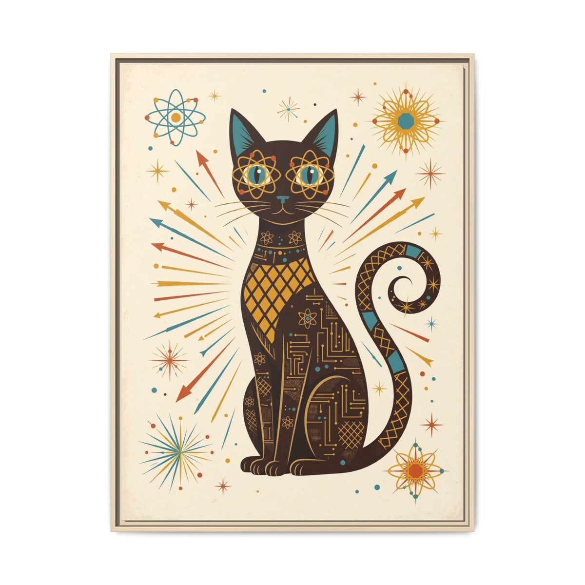 Mid Century Modern Cat Framed Canvas Wall Art, Atomic Cat Print, Retro 1950s Teal Orange Decor