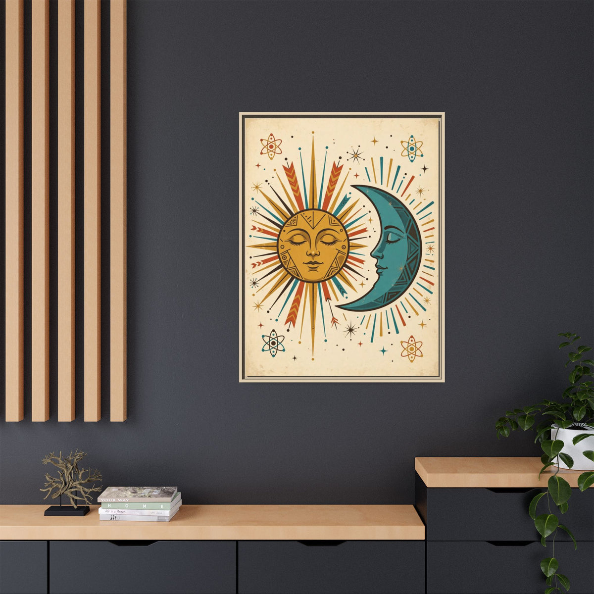 Mid Century Modern Sun and Moon Framed Canvas Wall Art, Retro Celestial Print, 1950s Gold Teal Decor