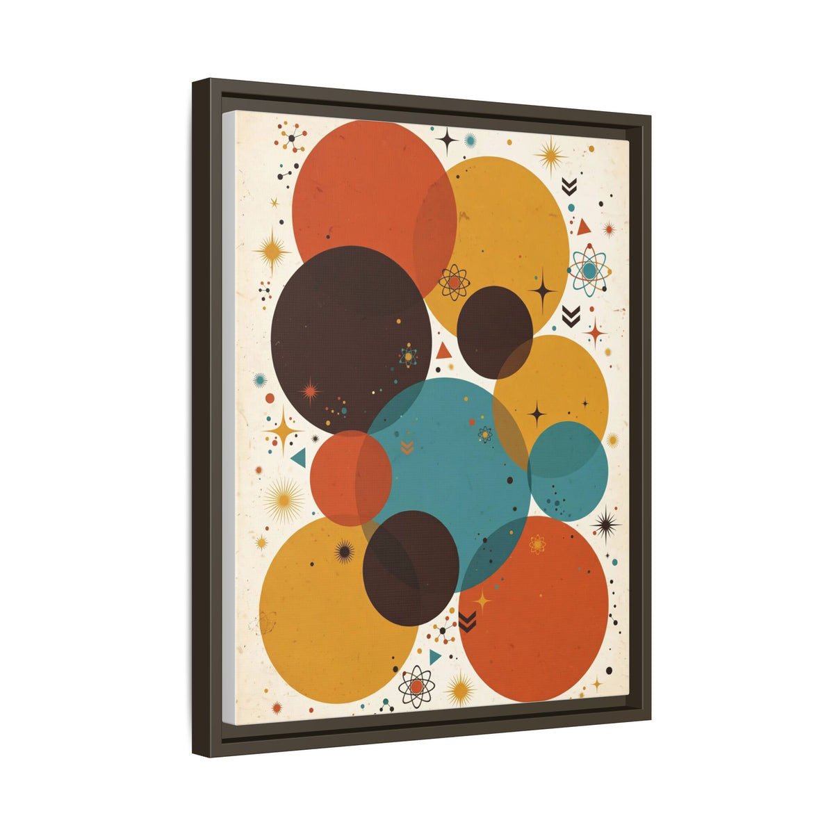 Mid Century Modern Circles Framed Canvas Wall Art, Abstract Geometric Print, Retro Burnt Orange Teal Decor