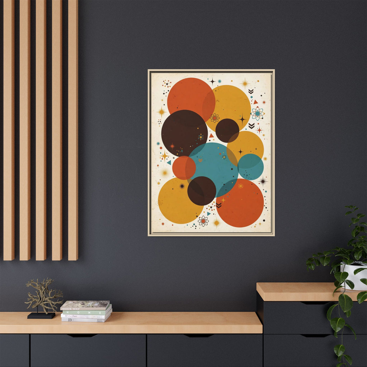 Mid Century Modern Circles Framed Canvas Wall Art, Abstract Geometric Print, Retro Burnt Orange Teal Decor