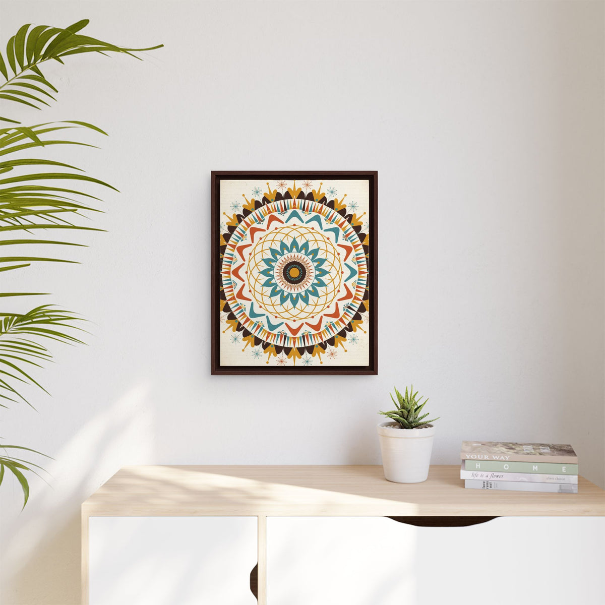 Mid Century Modern Mandala Framed Canvas Wall Art, Atomic Medallion Print, Retro Geometric Decor