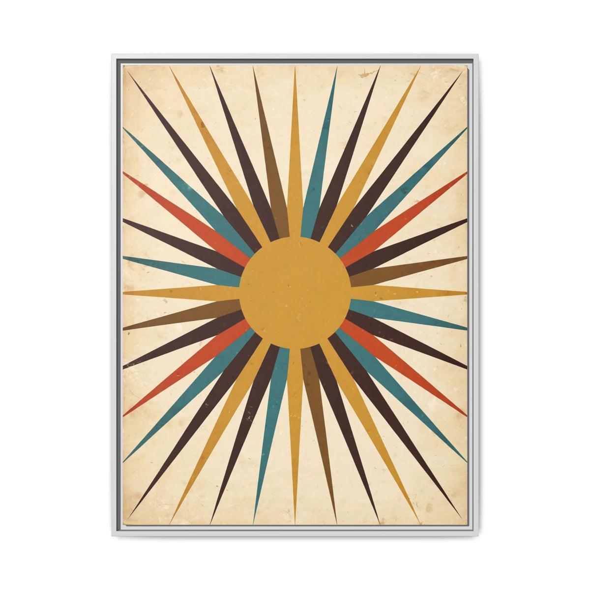 Mid Century Modern Starburst Sun Framed Canvas Wall Art, Retro Sunburst Print, 1950s Gold Teal Decor