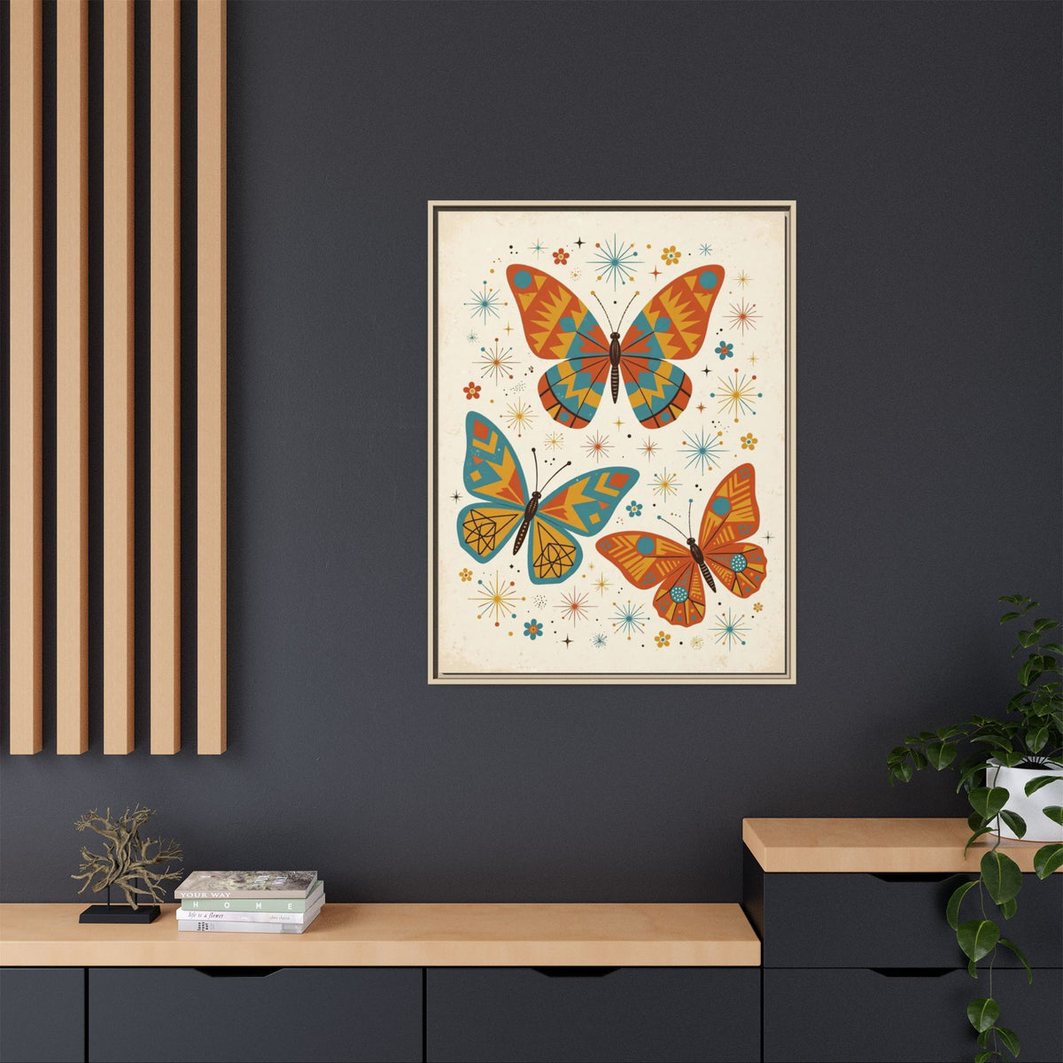 Mid Century Modern Butterfly Framed Canvas Wall Art, Retro Butterfly Print, 1950s Garden Decor