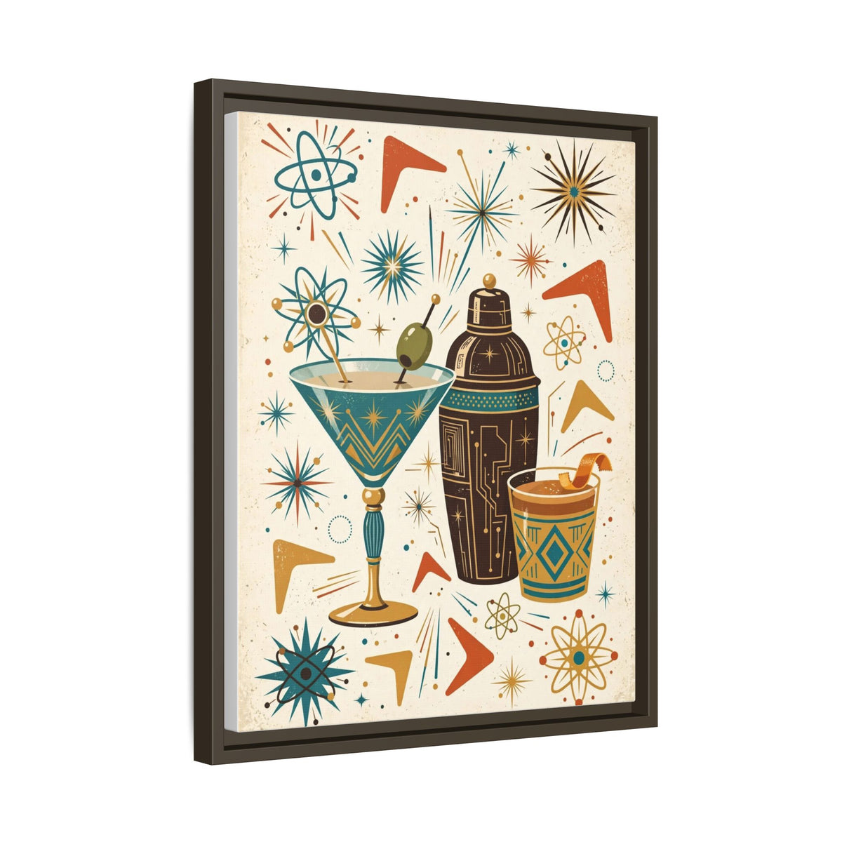 Mid Century Modern Cocktail Framed Canvas Wall Art, Retro Martini Print, 1950s Home Bar Decor