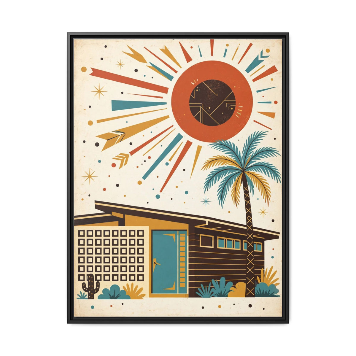 Mid Century Modern Palm Springs Framed Canvas Wall Art, Retro House Print, Teal Door Desert Decor