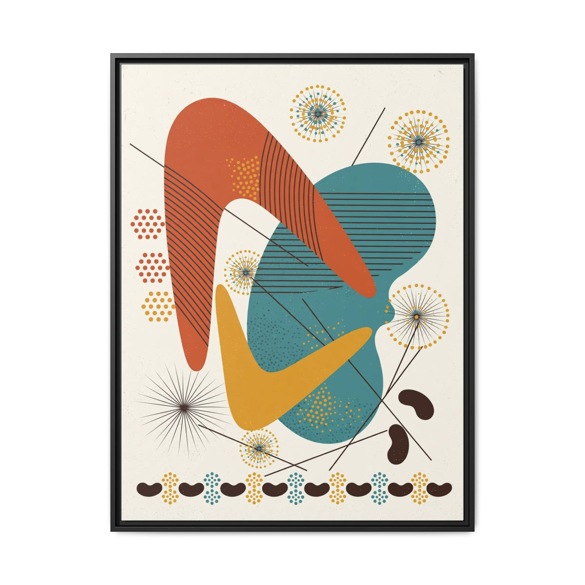 Mid Century Modern Boomerang Framed Canvas Wall Art, Abstract Retro Print, 1950s Teal Burnt Orange Decor