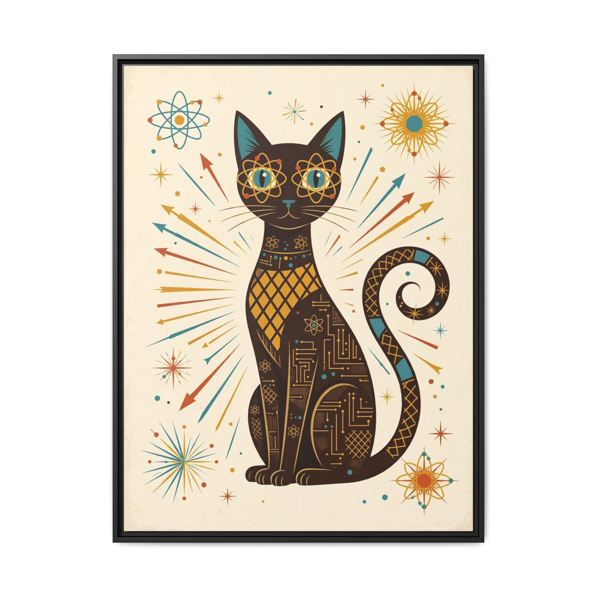 Mid Century Modern Cat Framed Canvas Wall Art, Atomic Cat Print, Retro 1950s Teal Orange Decor
