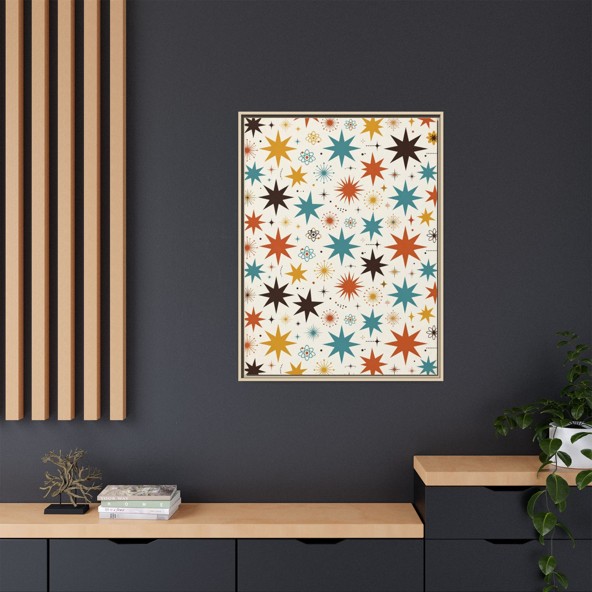 Mid Century Modern Starburst Framed Canvas Wall Art, Retro Star Pattern Print, 1950s Atomic Decor