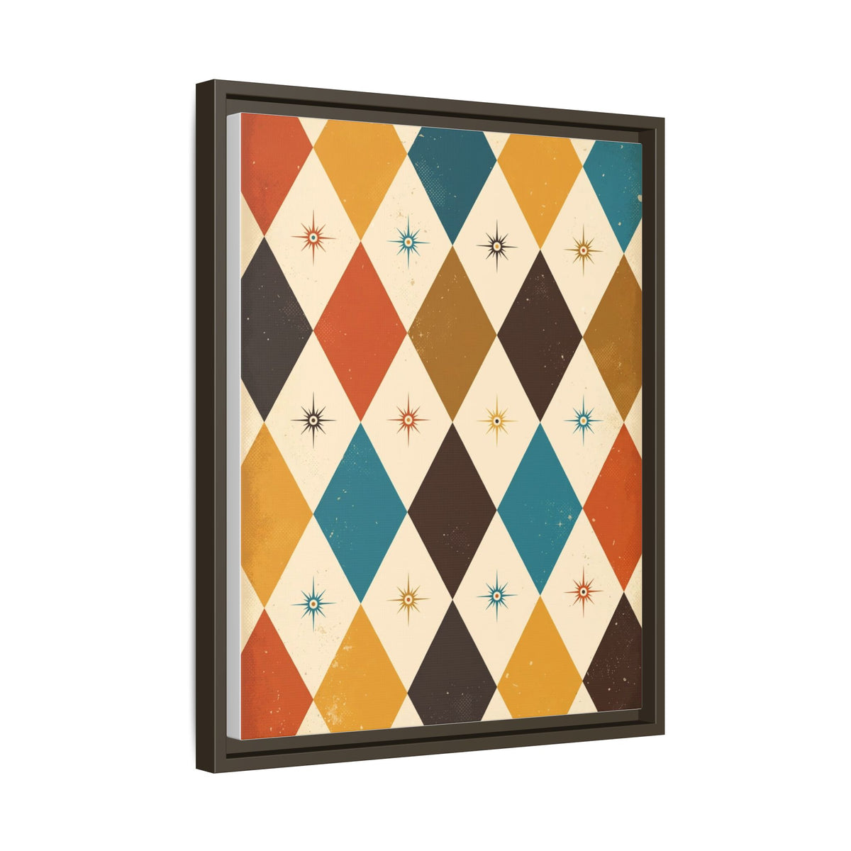 Mid Century Modern Harlequin Framed Canvas Wall Art, Diamond Pattern Print, Retro 1950s Starburst Decor