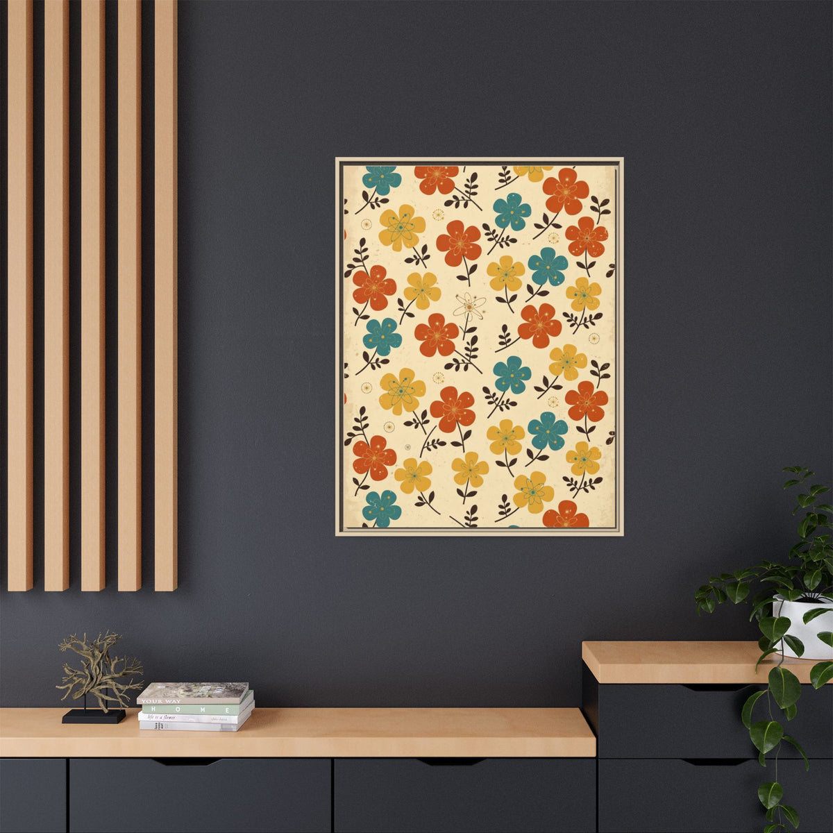 Mid Century Modern Floral Framed Canvas Wall Art, Retro Flower Pattern Print, 1950s Orange Teal Decor