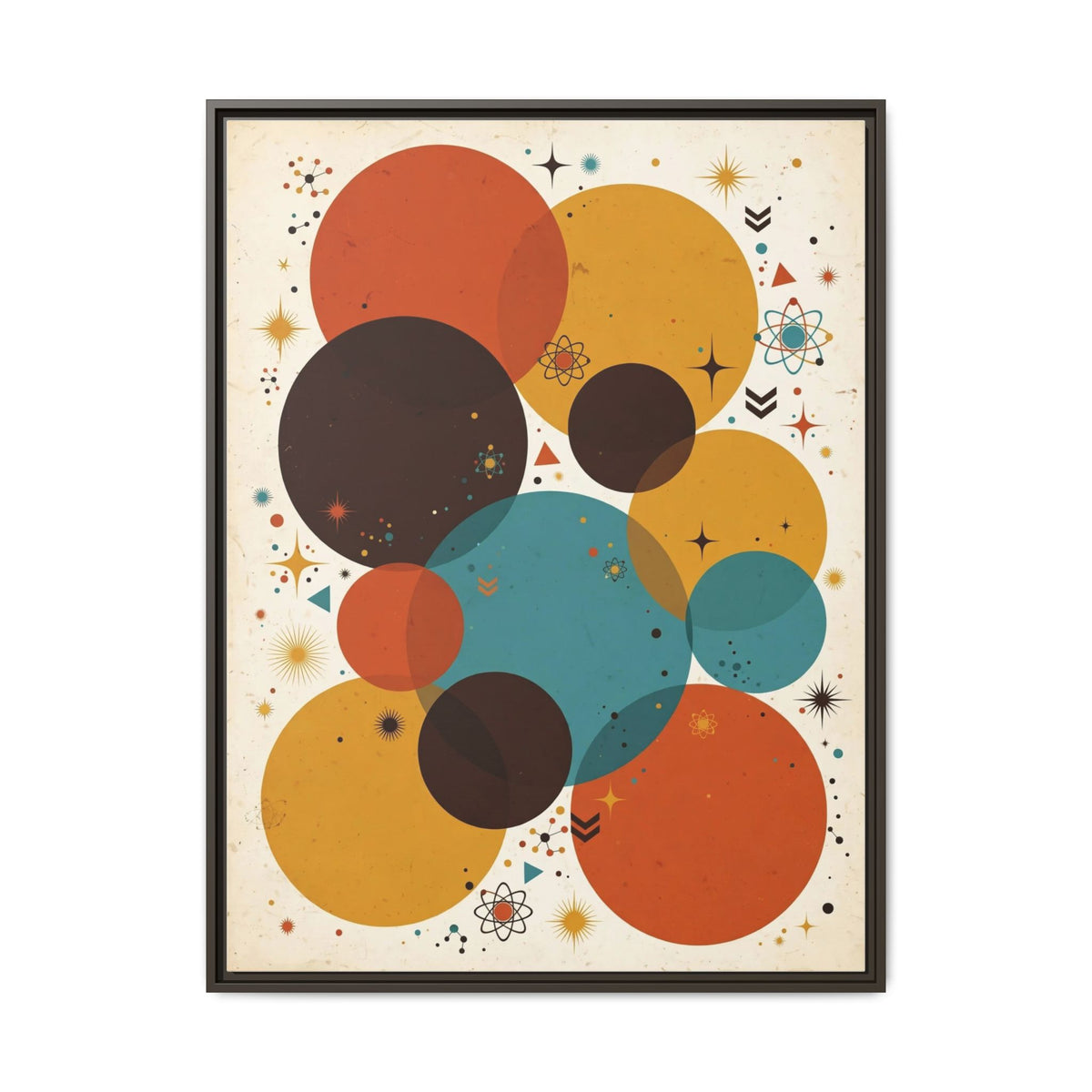 Mid Century Modern Circles Framed Canvas Wall Art, Abstract Geometric Print, Retro Burnt Orange Teal Decor
