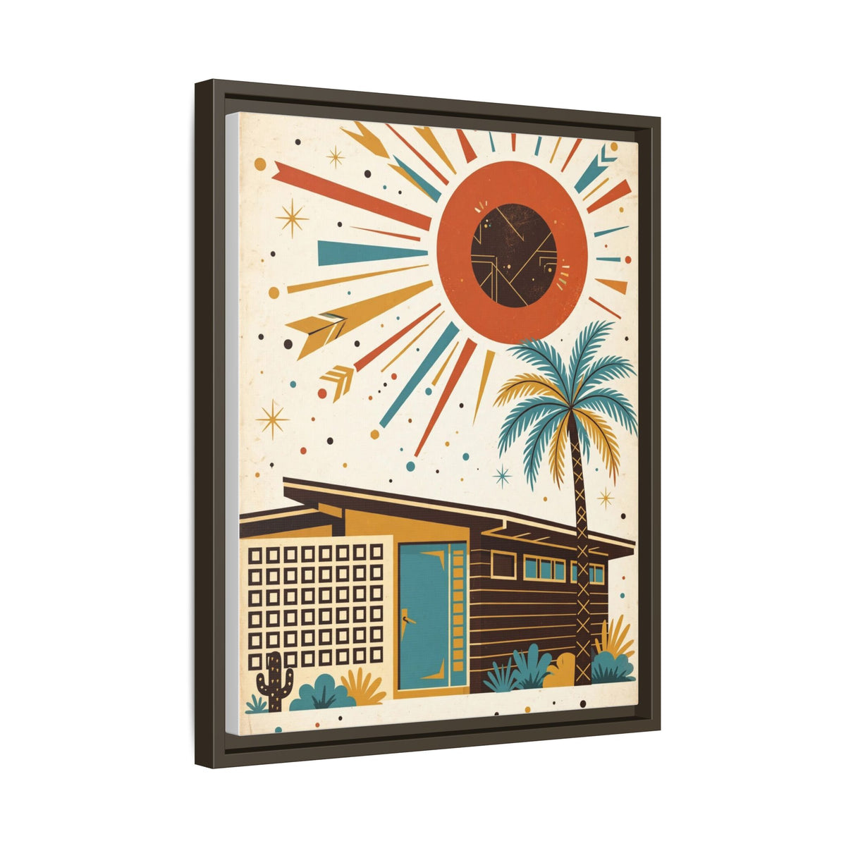 Mid Century Modern Palm Springs Framed Canvas Wall Art, Retro House Print, Teal Door Desert Decor