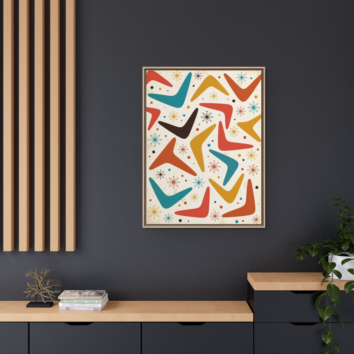 Mid Century Modern Boomerang Pattern Framed Canvas Wall Art, Retro 1950s Abstract Decor