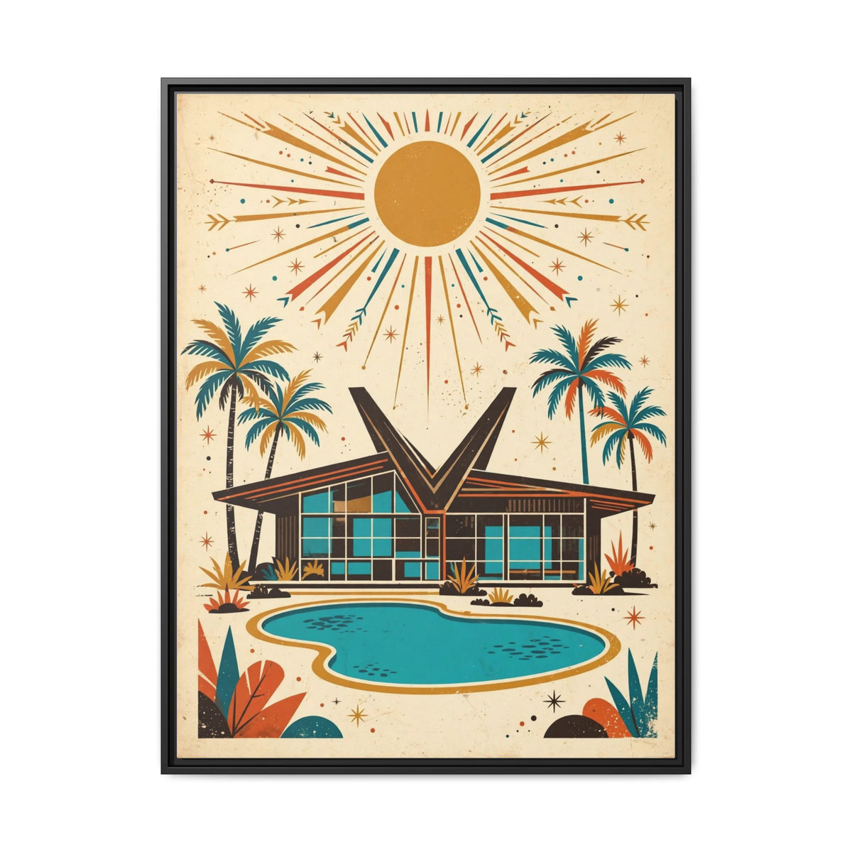 Mid Century Modern House Framed Canvas Wall Art, Butterfly Roof Print, Retro Palm Springs Pool Decor