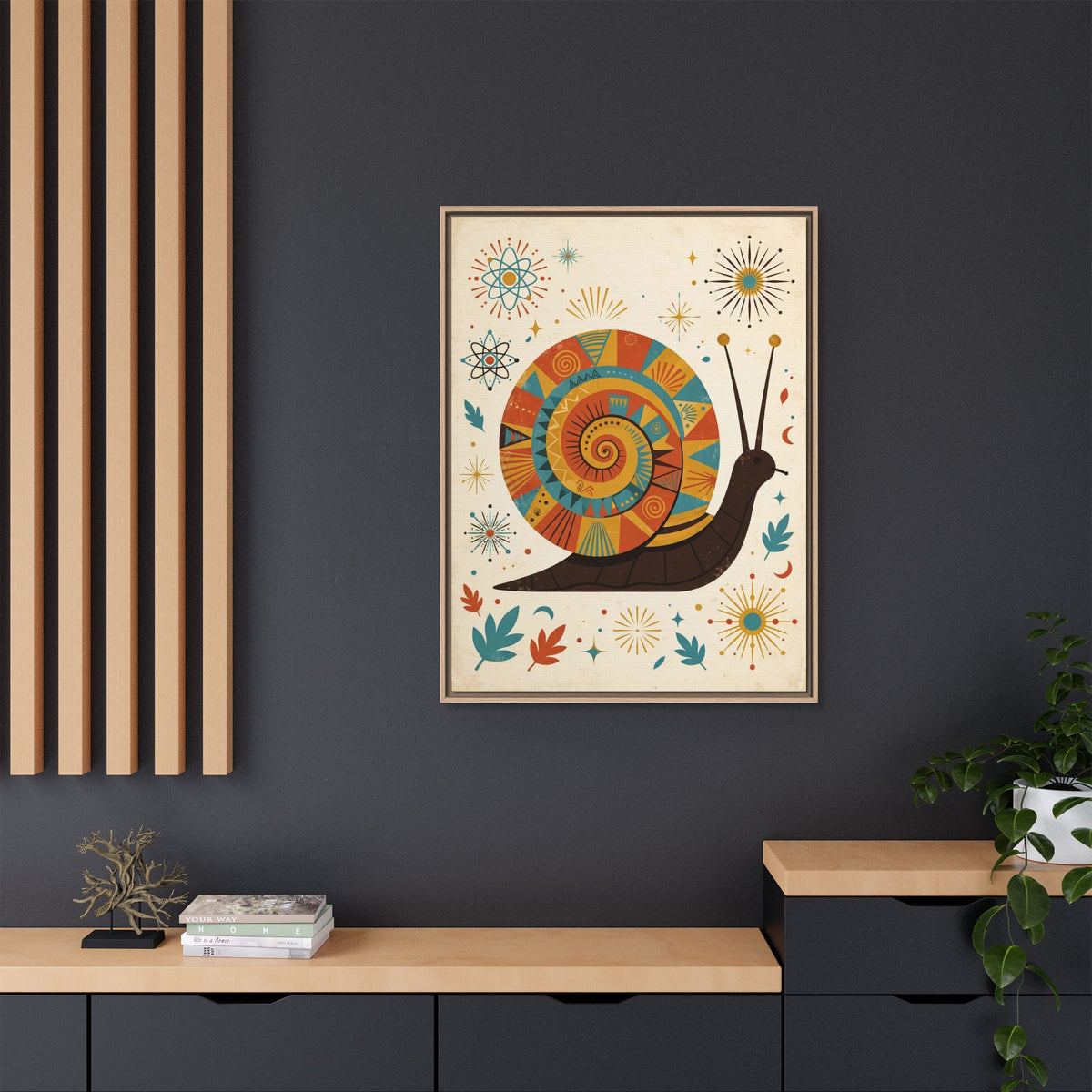 Mid Century Modern Snail Framed Canvas Wall Art, Retro Snail Print, 1950s Garden Decor