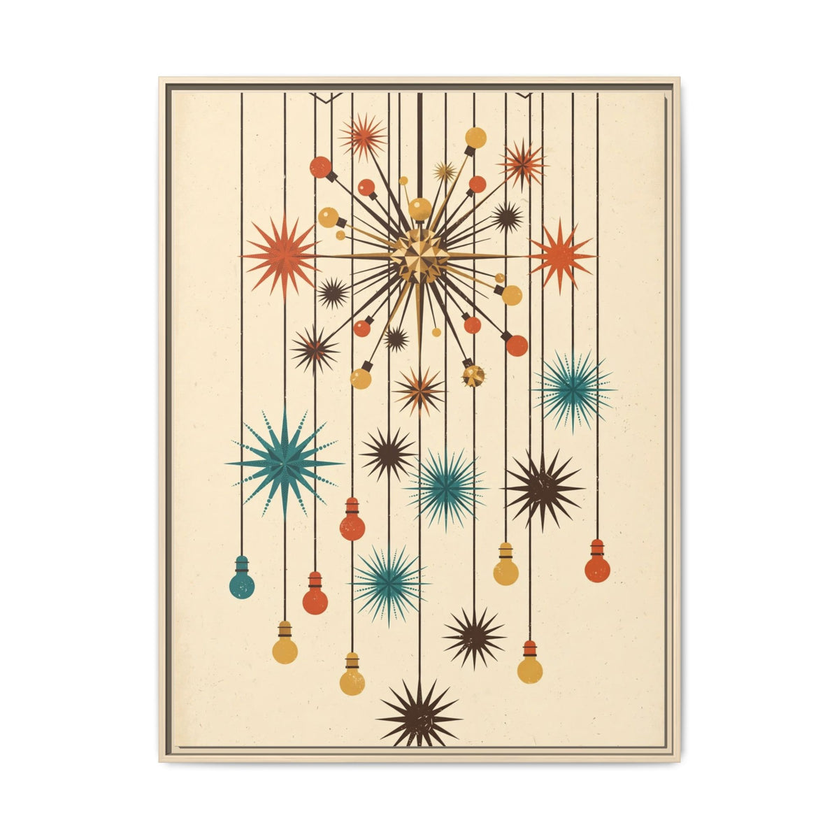 Mid Century Modern Sputnik Chandelier Framed Canvas Wall Art, Atomic Starburst Print, Retro 1950s Decor