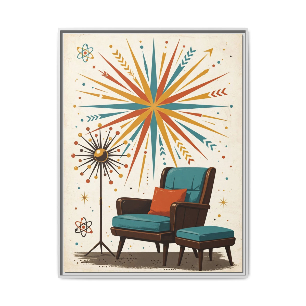 Mid Century Modern Lounge Chair Framed Canvas Wall Art, Retro Furniture Print, 1950s Living Room Decor