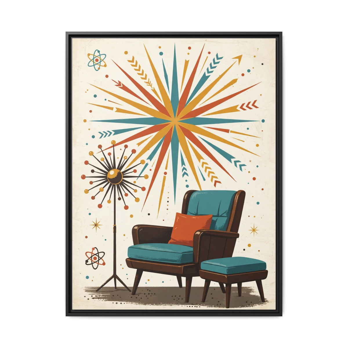 Mid Century Modern Lounge Chair Framed Canvas Wall Art, Retro Furniture Print, 1950s Living Room Decor