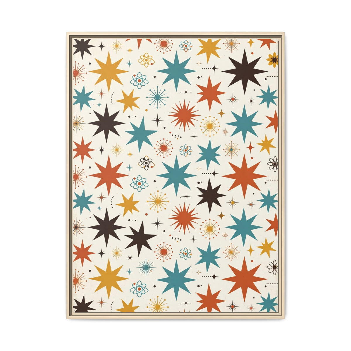 Mid Century Modern Starburst Framed Canvas Wall Art, Retro Star Pattern Print, 1950s Atomic Decor