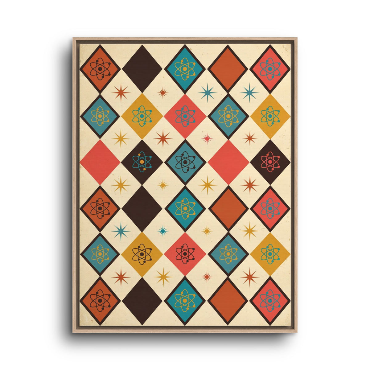 Mid Century Modern Atomic Diamonds Framed Canvas Wall Art, Retro Pattern Print, 1950s Abstract Decor