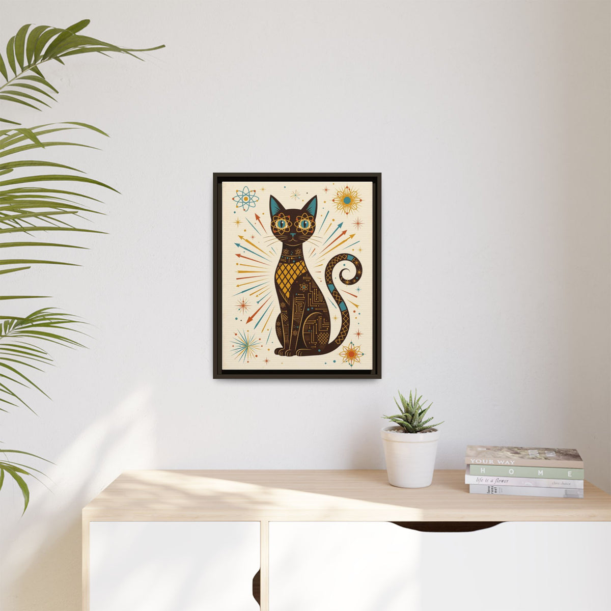 Mid Century Modern Cat Framed Canvas Wall Art, Atomic Cat Print, Retro 1950s Teal Orange Decor