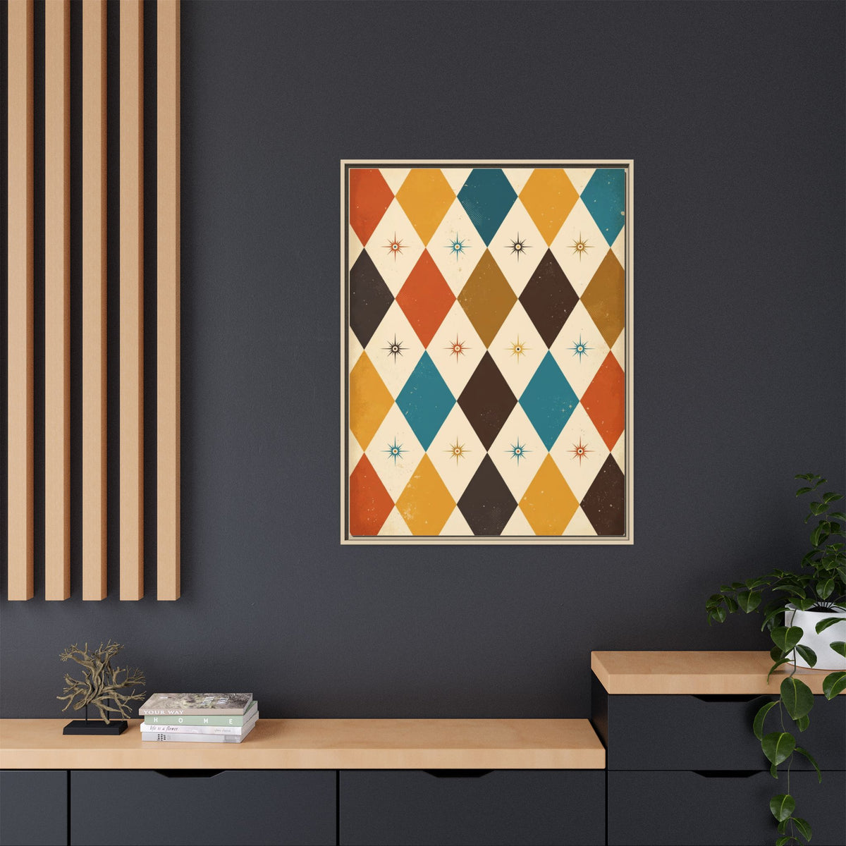Mid Century Modern Harlequin Framed Canvas Wall Art, Diamond Pattern Print, Retro 1950s Starburst Decor