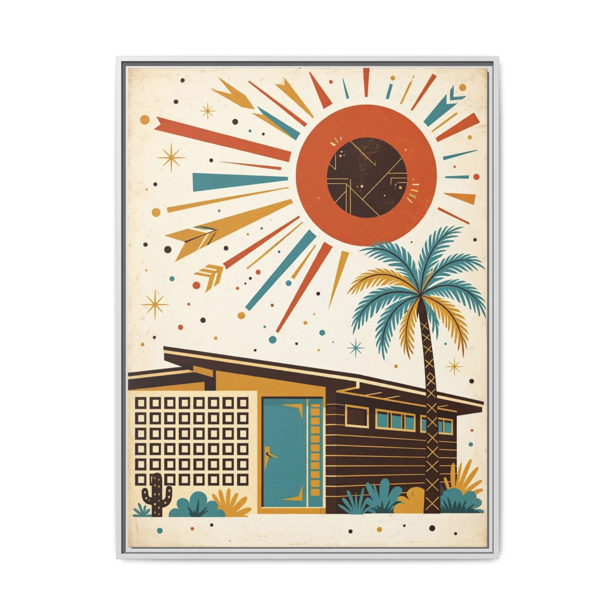 Mid Century Modern Palm Springs Framed Canvas Wall Art, Retro House Print, Teal Door Desert Decor