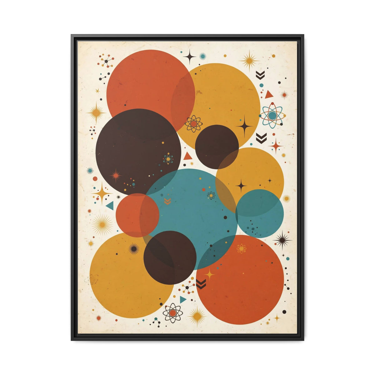 Mid Century Modern Circles Framed Canvas Wall Art, Abstract Geometric Print, Retro Burnt Orange Teal Decor