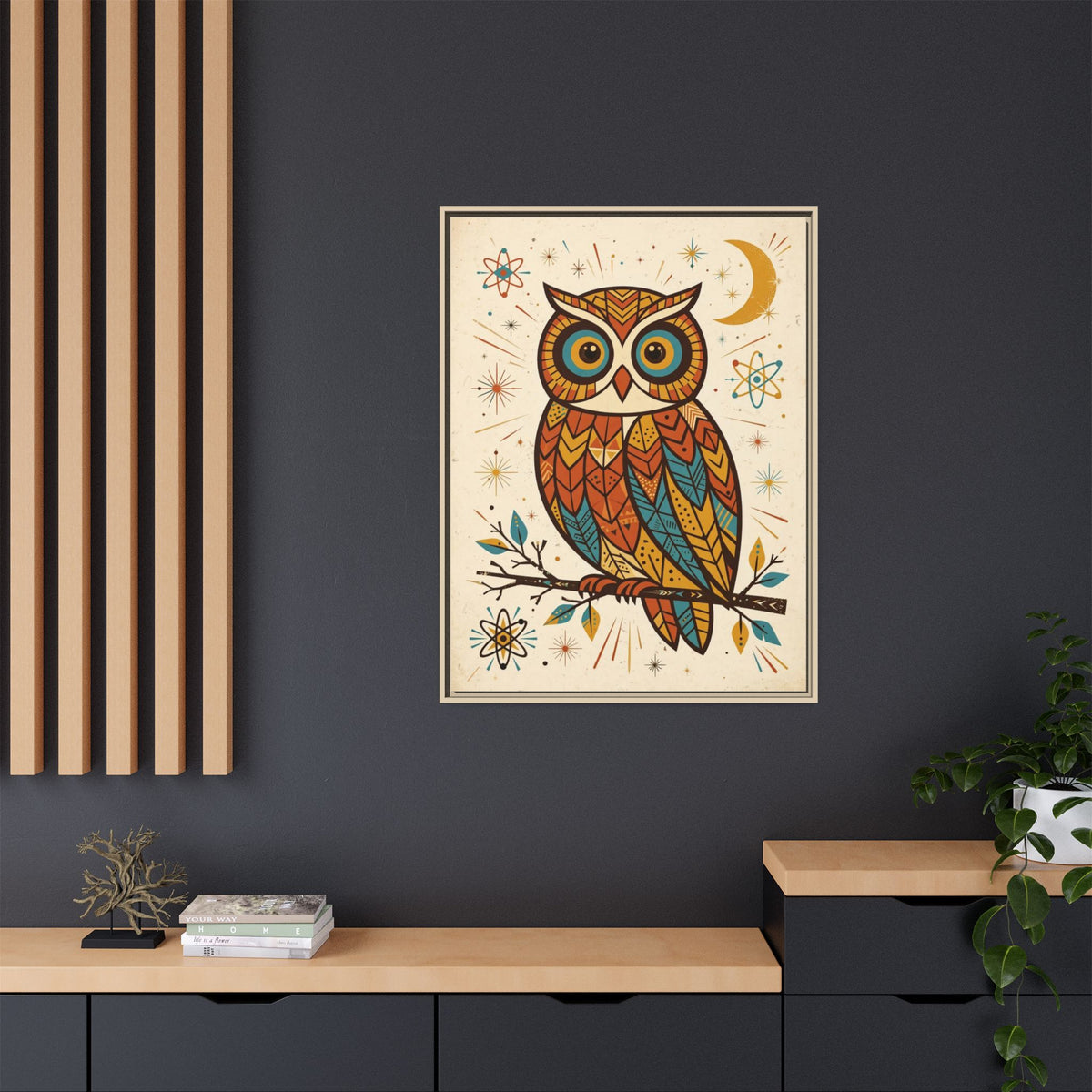 Mid Century Modern Owl Framed Canvas Wall Art, Retro Bird Print, 1950s Teal Orange Kids Room Decor